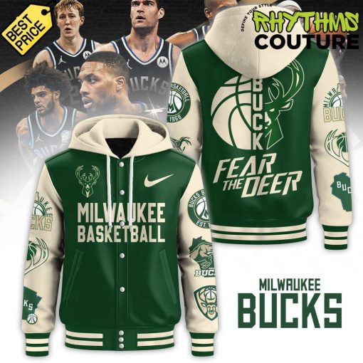 Milwaukee Bucks First NBA Cup Champions Fear The Dear Hooded Baseball Jacket