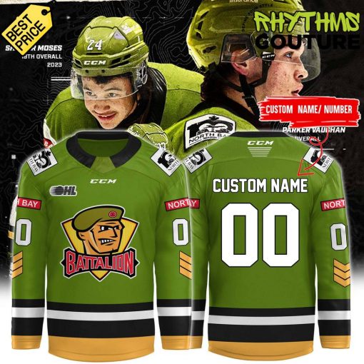 North Bay Battalion New 2025 Green Gold Hockey Jersey